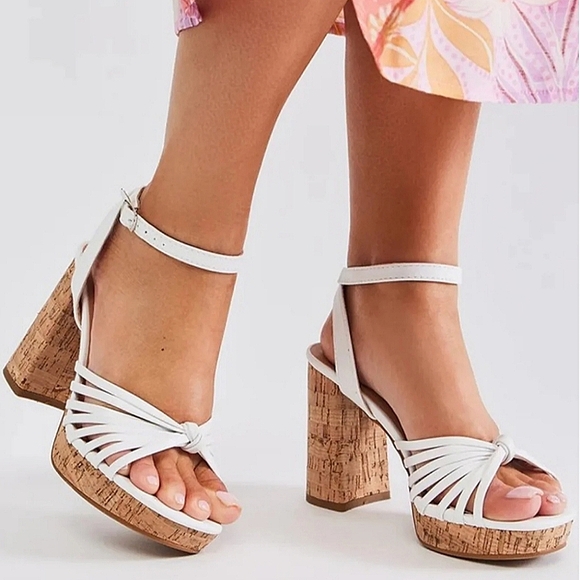 🆕️ TOP MODA White Knotted Cushioned Platform Cork Block Heel Sandals SIZE: 8 - Picture 2 of 11